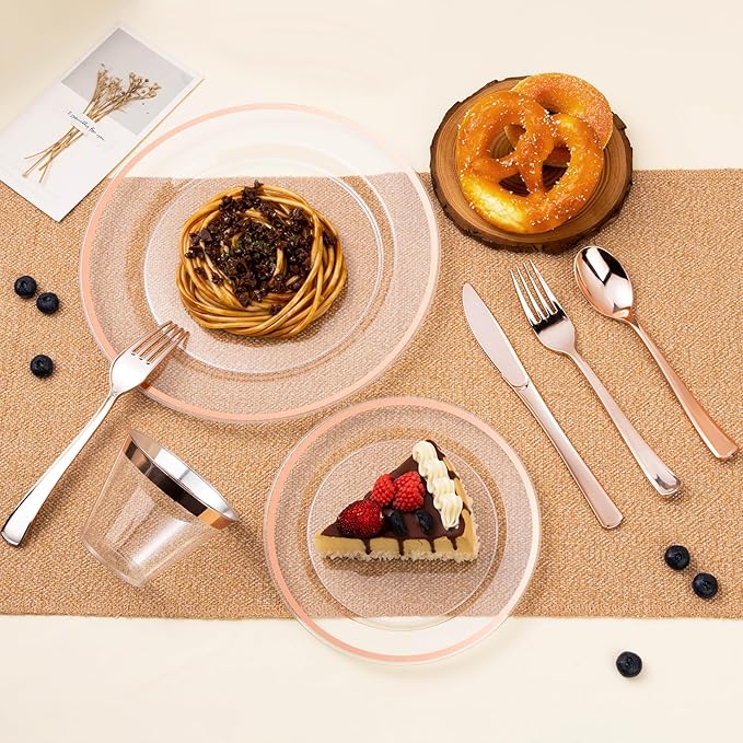 BESTSTAR 200PCS Rose Gold and Clear Plastic Plates, Rose Gold Disposable Plate Set with 100 Dinner Plates and 100 Dessert Plates for Party