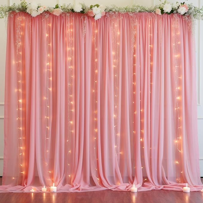 10ft x 10ft Dusty Rose Chiffon Backdrop Curtain with Lights String for Parties,2 Panels Sheer Tulle Curtain Wedding Photo Backdrop with Lights for Baby Shower Birthday Party Ceremony Home Decorations