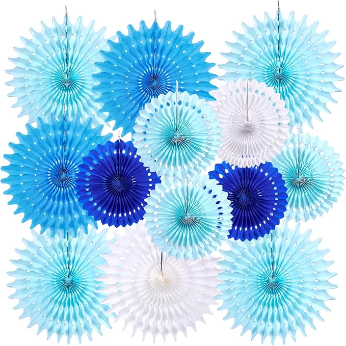 SUNBEAUTY Pack of 13 Blue White Hanging Honeycomb Paper Fans Party Decoration Kit for Baby Boy Shower 1st Birthday Navy Ocean Wedding Under The Sea Theme Photo Booth Backdrops Paper Party Supplies