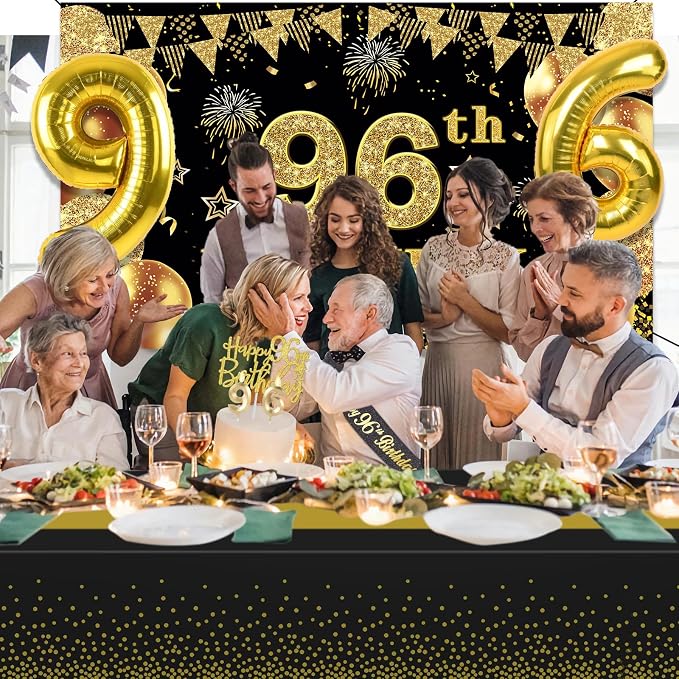 96th Birthday Decorations Men Women with 96th Birthday Banner, Black and Gold Table Cloth, Number Balloons, Large Sash, Cake Topper and Candles