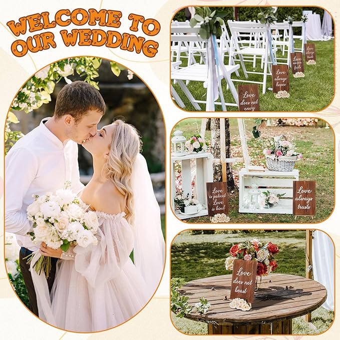 GlikCeil 8 Pcs Wedding Aisle Signs 11.8 x 7.9 Inch 1 Corinthians 13 Wooden Wedding Signs Love Is Patient Kind Rustic Wood Signage Bible Verses Wall Decor Gift(Charcoal Backing)