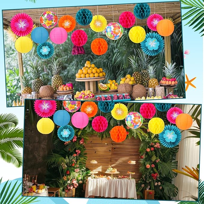 Retisee 18 Pcs Tropical Hibiscus Party Decorations Kit Colorful Hibiscus Flower Paper Lanterns Tropical Flower Hanging Paper Fans Luau Party Hanging Honeycomb Ball for Summer Hawaiian Decor Supplies