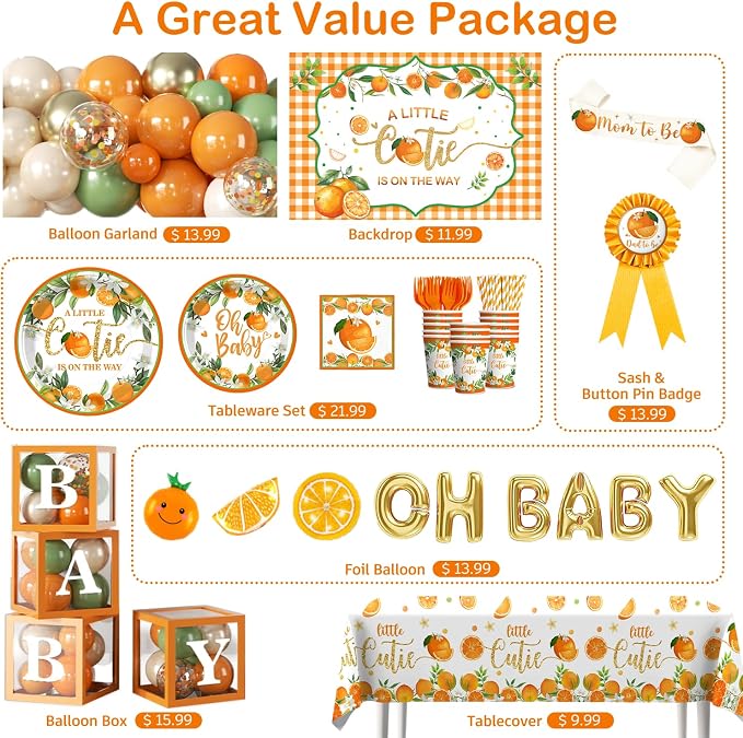279 PCS A Little Cutie Is On The Way Decorations, All-in-One Orange Baby Shower Party Pack With Balloon, Backdrop, Plates and Napkins, for Little Cutie Baby Shower, Service 25