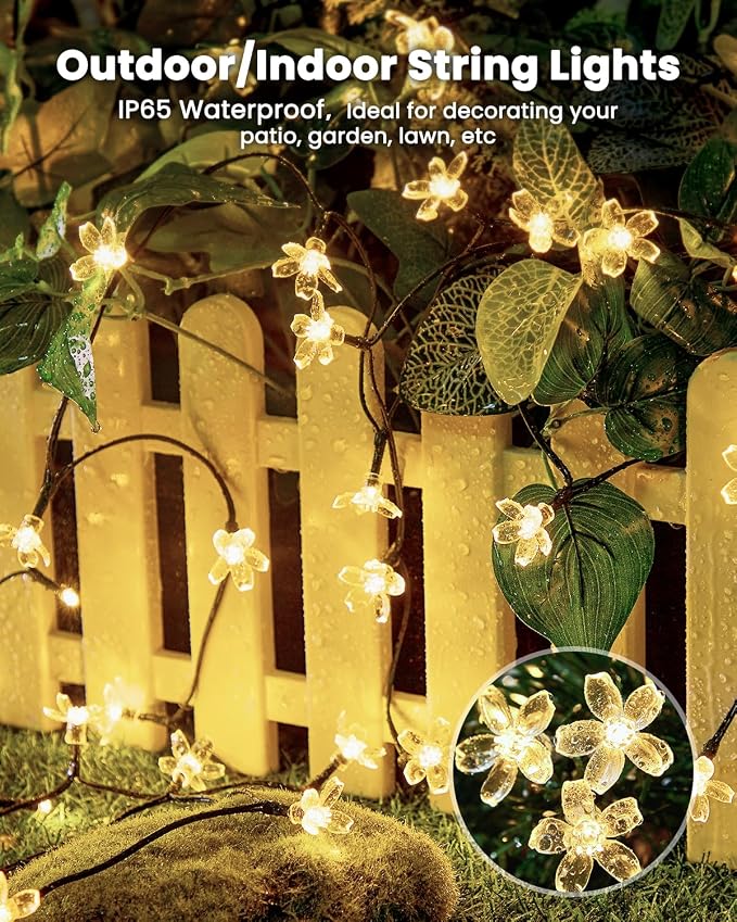 Brightown 60 LED Solar String Lights Flower Outdoor Waterproof Fairy Lights for Garden Yard Fence Patio Christmas Tree Wedding Party Decor, Warm White