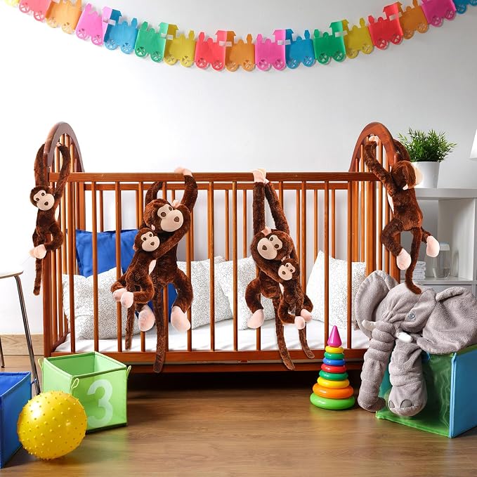 Hungdao 6 Packs Hanging Monkey Stuffed Jungle Animal Toy with Hook and Loop Jungle Party Hanging Plush Monkey for VBS Sunday School Classroom Party Decorations (24 Inch,32 Inch,Dark Brown)