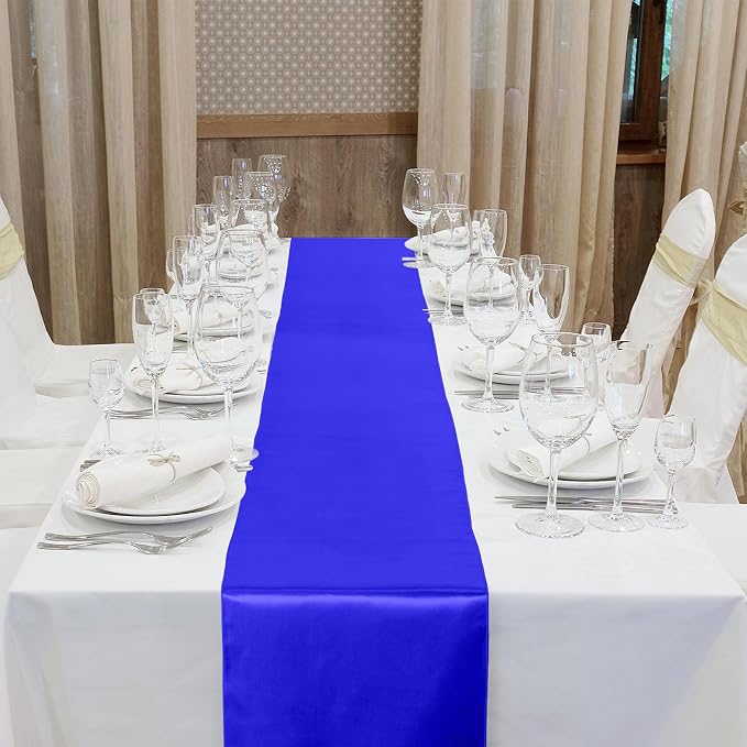 Aneco 12 Pack Satin Table Runner 12 x 108 Inch Royal Blue Long Wedding Satin Silk Table Runner for Wedding Banquet Graduations Birthday Party Decoration