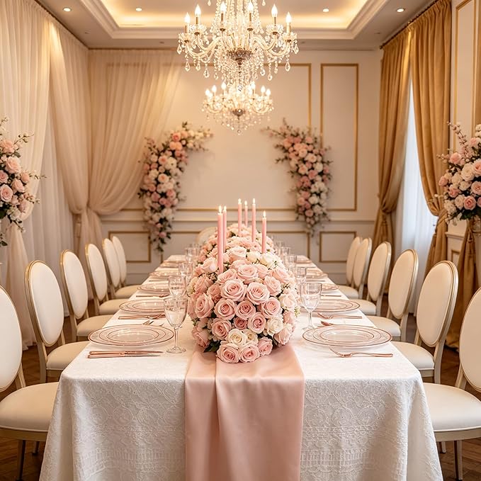 GATHER 350PCS Rose Gold Plastic Plates - Disposable Rose Gold Dinnerware Includes 100 Clear Rose Golds Rimmed Plastic Plates, 150 Silverware, 50 Napkins, 50 Cups for Party, Wedding, Mother's Day