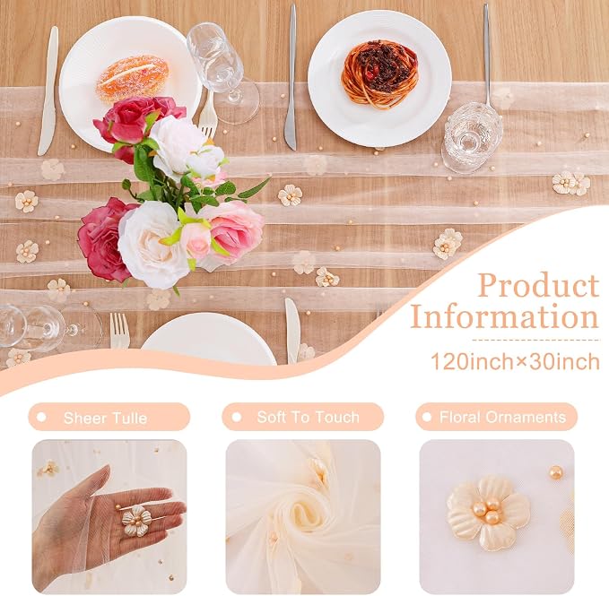 BINBE Flower Pearl Table Runner Spring Summer Rustic Boho 10ft Tulle Table Runner for Baby Shower Wedding Veil Holiday Dessert Table Decor Champagne