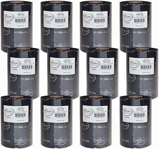 Expo International Decorative Matte Tulle, Roll/Spool of 6” X 100 Yards, Lightweight Polyester Tulle Fabric for Tutus, Costumes, and Party Decorations, Washable, Easy-to-Use, Pack of 12, Black