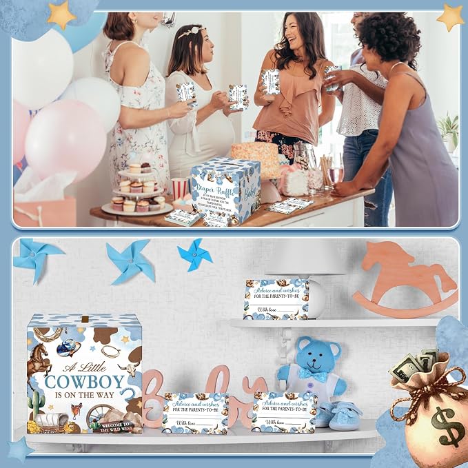 Teling 51 Pieces Diaper Raffle Tickets with Card Box Baby Shower Decorations Baby Shower Holder Box for Girl Boy Diaper Raffle Party(A Small Cowboy is on the Way)