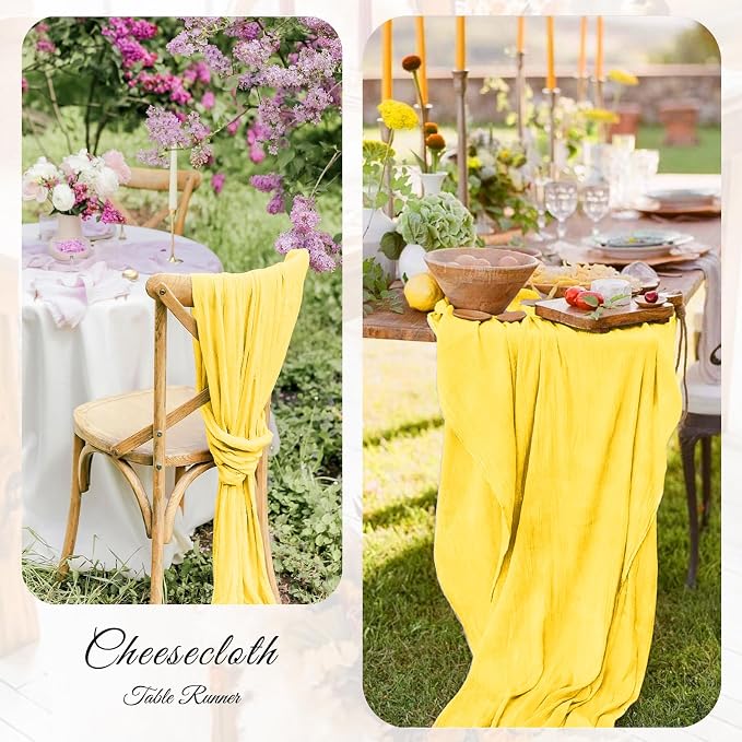 12 Pack Light Yellow Cheesecloth Table Runner 21x120 Inches, Boho Gauze Rustic Semi Sheer Cheese Cloth Table Runners for Easter Wedding Bridal Baby Shower, Birthday Party, Long Farmhouse Table Decor
