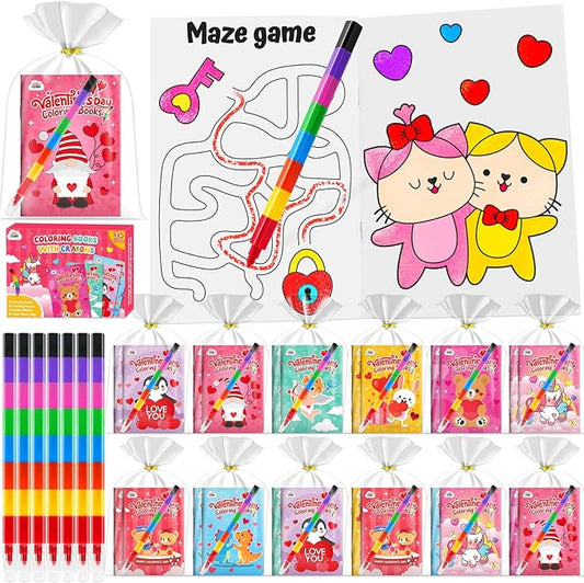 ZMLM 24 Pack Valentine's Coloring Books for Kids with Crayons,Party Favors for Kids 4-8, Goodie Bags Stuffers for Toddlers, Classroom Prizes Birthday Return Gifts (Valentine)