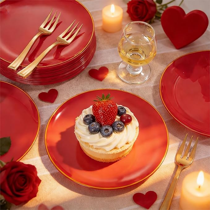 Festiva 200Pcs Red Gold Dessert Plates 6.3" with Plastic Forks 5"-Small Disposable Plates- Dessert/Cake/Appetizer Plastic Plates include 100Plates 100Forks for Birthday Party&July 4th