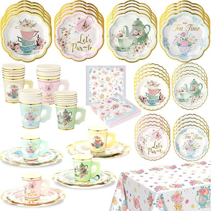 Yungyan 97 Pcs 24 Guests Tea Birthday Party Supplies Disposable Tableware Set 9 oz Paper Cups with Handle 7" 9" Paper Plate Napkin Tablecloth for Party Wedding Baby Shower (Elegant Style)