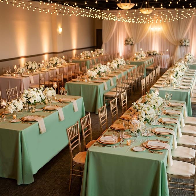 8 Pack Sage Green Tablecloth 60 x 102 Inch Polyester Table Cloth for 6 Foot Rectangle Tables, Wrinkle Resistant Washable Decorative Fabric Table Covers for Wedding Party Banquet Buffet and Camping