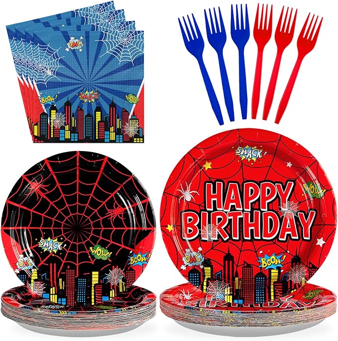 Grencian 96Pcs Cartoon Spider Birthday Party Decorations Red Blue Spider Birthday Plates and Napkins Disposable Hero Paper Tableware Set for Kids Baby Shower Super Theme Party Supplies, Serves 24