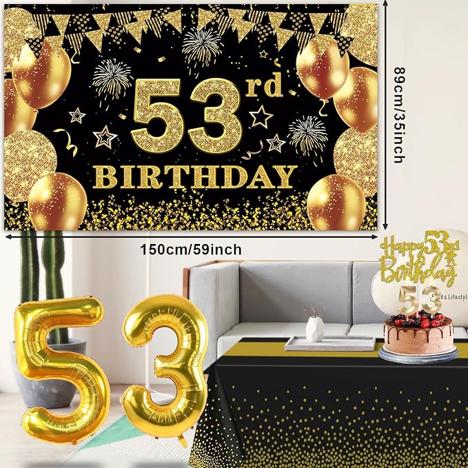 53rd Birthday Decorations Men Women with 53rd Birthday Banner, Black and Gold Table Cloth, Number Balloons, Large Sash, Cake Topper and Candles
