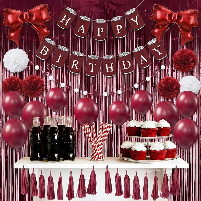 Arrowbash 33 Pcs Burgundy Maroon White Birthday Decorations Include Happy Birthday Banner, Red Tinsel Foil Backdrop, Tissue Paper Pom Poms, Circle Dots Garland, Bow Balloons, Paper Tassels