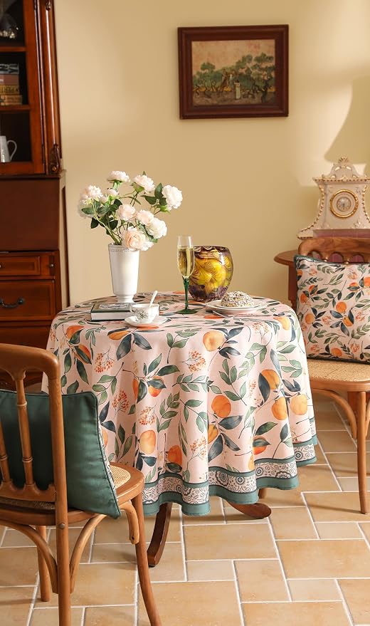 patdrea Designer French Linen Tablecloth,Round,Diameter 55"-Palladin A | Colorful Elegant Table Cloth for Round Table,Orange Floral Patterned,for Dining Room Tea Party Thanksgiving