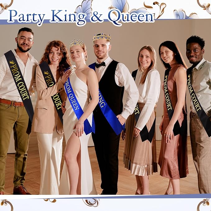 Retrowavy 12 Pcs Prom Crown and Sash Set, Prom King and Queen Tiara Rhinestone Crown Satin Sash for Graduation Party