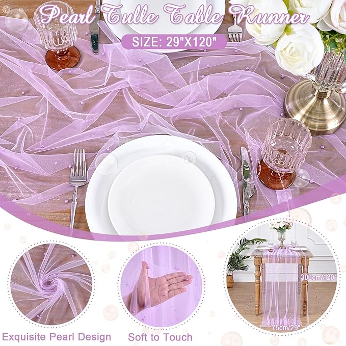 LuoluoHouse Pearl Tulle Table Runner Fabric: 10ft Wedding Veil Seasonal Dessert Light Purple Chiffon Pearl Lace Boho Overlay Wedding Aisle Runner Party Decorations Doilies