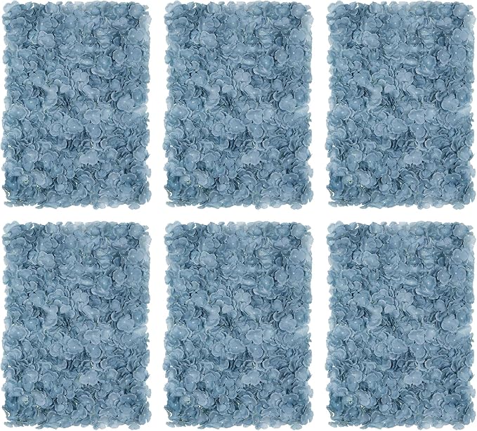 BLOSMON Flower Wall Panel Backdrop - 6 Pcs 24 x 16 Inch Dusty Blue Artificial Hydrangea Floral Backdrop for Wedding Party Baby Bridal Shower Decor, Hanging Fake Silk Hydrangea Wall DIY Decoration
