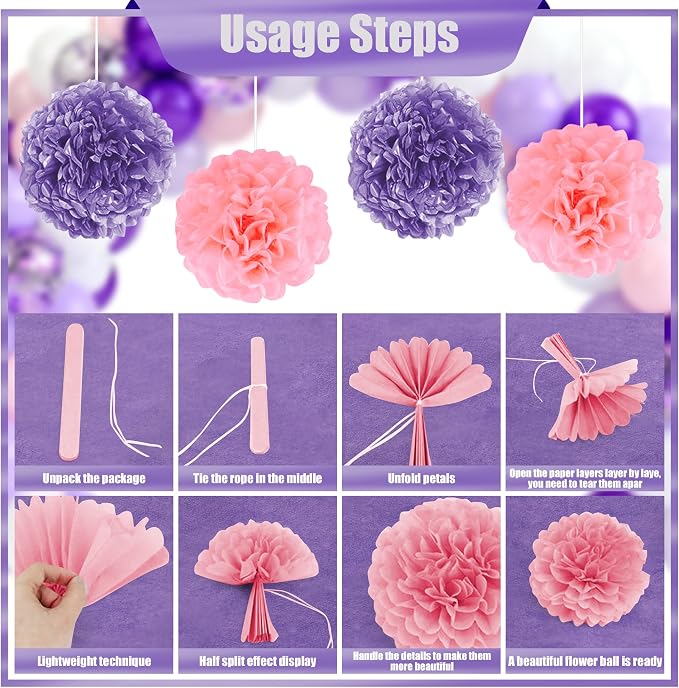 Purple birthday party decorations balloons kit for Women Girls, Balloons,Silver Foil Balloons,Fringe Curtains Happy Birthday Banner Paper Pompoms 3D Butterfly Cake Topper Party Supplies