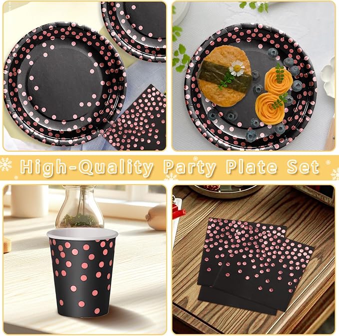 Nkaiso Paper Plates and Napkins Set, 193 Pieces Black and Rose Gold Party Supplies Includes Paper Plates Cups Napkins Straws and Cutlery for Birthday Wedding Holidays Parties Decorations-24 Guests