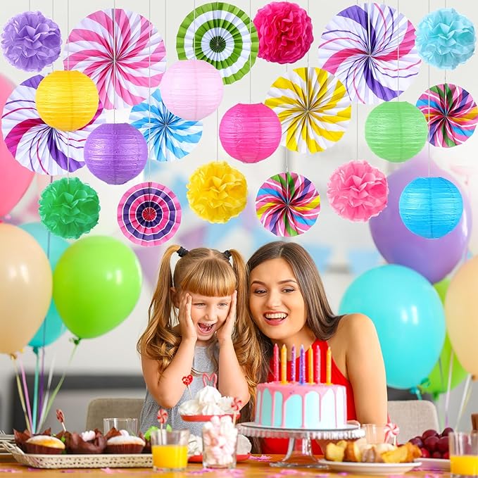 Outus Hanging Decorations Candy Party Paper Fans Lollipop Tissue Pom Poms Colorful Candy Themed Paper Lanterns for Candyland Party Supplies Classroom Ceiling Wall Decor