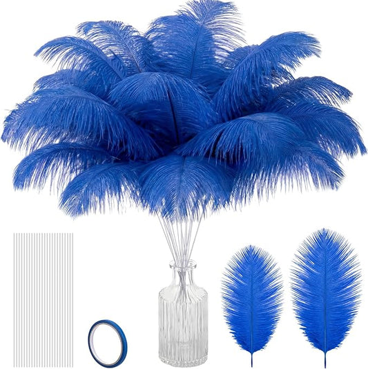 Hanaive 150 Pcs Ostrich Feathers Set Bulk Plumes 12-14 Inch (30-35cm) 70 Pcs Large Ostrich Feathers with 80 Sticks and Tape for DIY Crafts Wedding Home Party Centerpiece Decorations(Blue)
