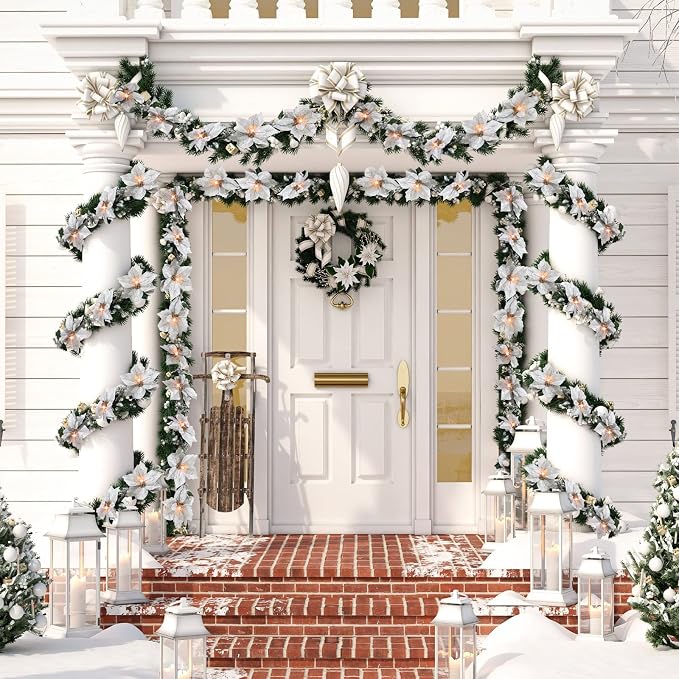 Zubebe 2 Pcs Prelit Poinsettia Christmas Garland with String Lights Glitter Holly Leaves Berries Remote Timer 8 Modes 6.5 ft Lighted Flower Garland Battery Operated Indoor Outdoor Decor(Silver)