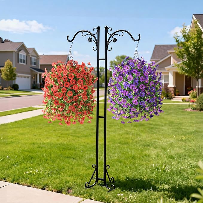 Artificial Flowers Hanging Baskets, 4 Bundles Outdoor Hanging Basket Spring Summer Decoration, No Fade Realistic Fake Flowers Plants for Porch Patio Balcony Home Yard Decor(Red)