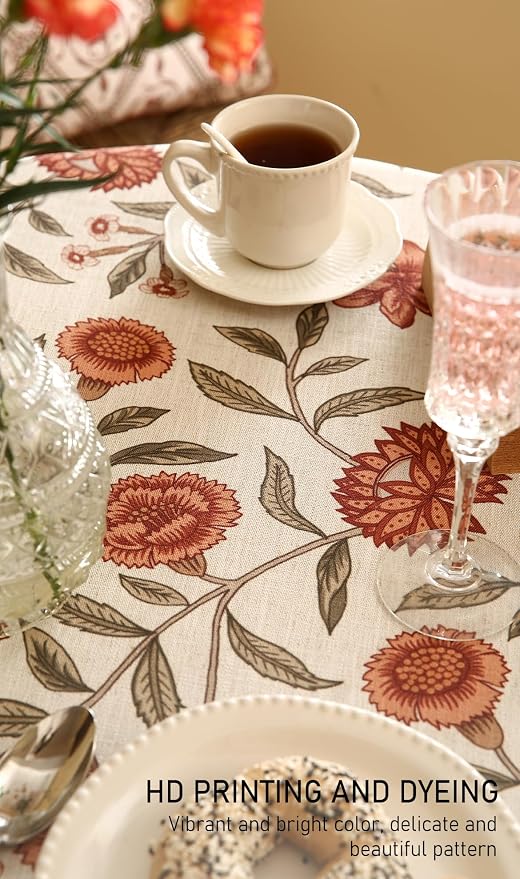 ISAENNE Designer French Linen Round Tablecloth,Diameter 67"-Alvarado D | Vintage Elegant Beautiful Table Cloth,Orange Floral Pattern,Heavyweight,Dining Room,Tea Party,Kitchen,Thanksgiving,Decor