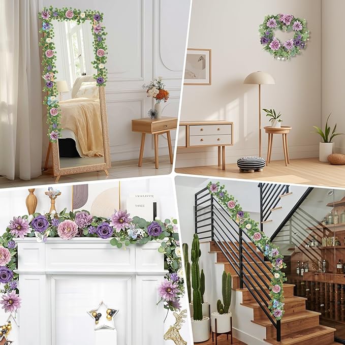 4 Pack 5.9 FT Artificial Flower Garland with Butterflies Fake Rose Garland Faux Greenery Eucalyptus Garlands for Wedding Table Backdrop Arch Centerpieces Decorations - Light Purple & Purple