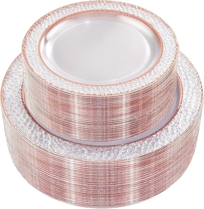 102PCS Rose Gold Plastic Plates - Clear Rose Gold Disposable Plates - Elegant Hammered Plate Include 51PCS 7.5inch Dessert & 51PCS 10.25inch Dinner Plate for Wedding Party