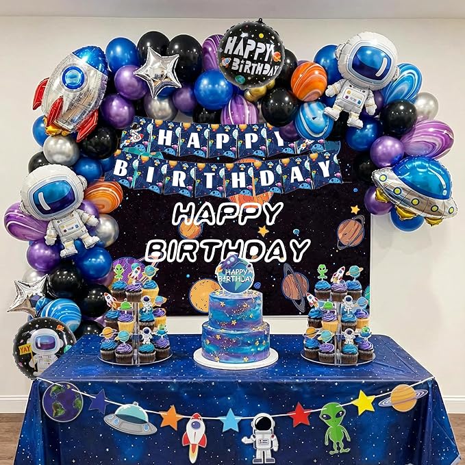 PTORZINY Outer Space Party Decorations, Astronaut Birthday Decorations, Space Decoration, Birthday Party Supplies Includes Space Balloons, Backdrop, Banner, Tablecloth, Cupcake Toppers