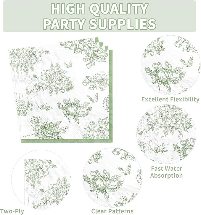200Pcs Sage Green Party Decoration Green White Scalloped Plates and Napkins Vintage Floral Chinoiserie Disposable Tableware Set for Wedding Baby Shower Birthday Party Supplies Serves 50