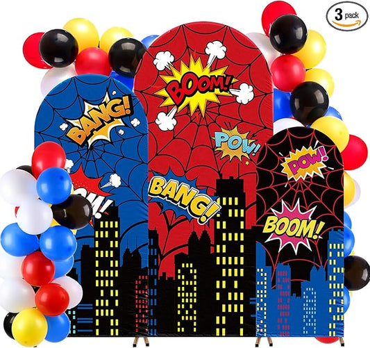 Tudomro 3 Pcs Spider Web Arch Backdrop Cover with Balloons Spider Birthday Party Decorations for Photo Props Indoor Outdoor Cosplay Wedding Baby Shower Backdrop Decor