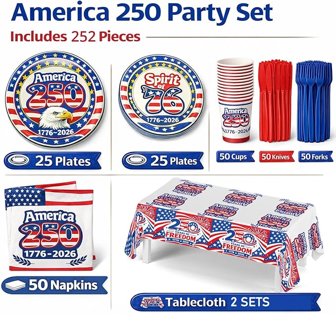 252 PCS 250th Anniversary USA Party Supplies – 1776–2026 Patriotic American Decorations, Serve 50 Guests, Includes Plates Cups Napkins Tablecloths Red Knives & Blue Forks for 4th of July -