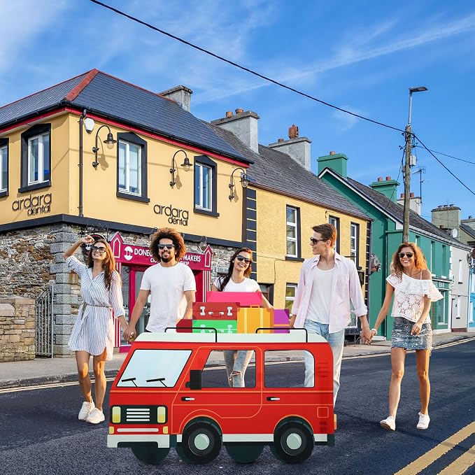 Amyhill 4.7 Feet on the Road VBS Red Van Cardboard Cutout Stand up Life Size Sunday School Backdrop Decor Christian Road Trip Party Decoration Photo Props Standup for Religious Church VBS Party Decor