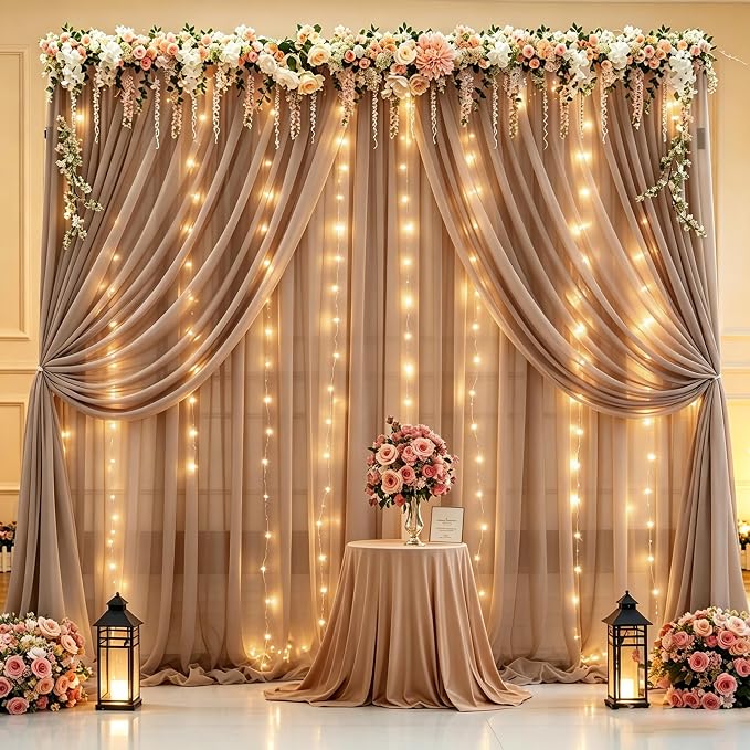 10ft x 10ft Taupe Chiffon Backdrop Curtain with Lights String for Parties,2 Panels Sheer Tulle Curtain Wedding Backdrop for Baby Shower Birthday Party Ceremony Reception Home Decorations
