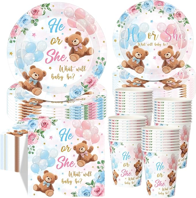 Funnymoom 250 Pcs Bear Gender Reveal Paper Plates and Napkins Party Supplies Bear He or She Blue Pink Disposable Tableware Set for Boy Or Girl Gender Reveal Baby Shower Party Decoration