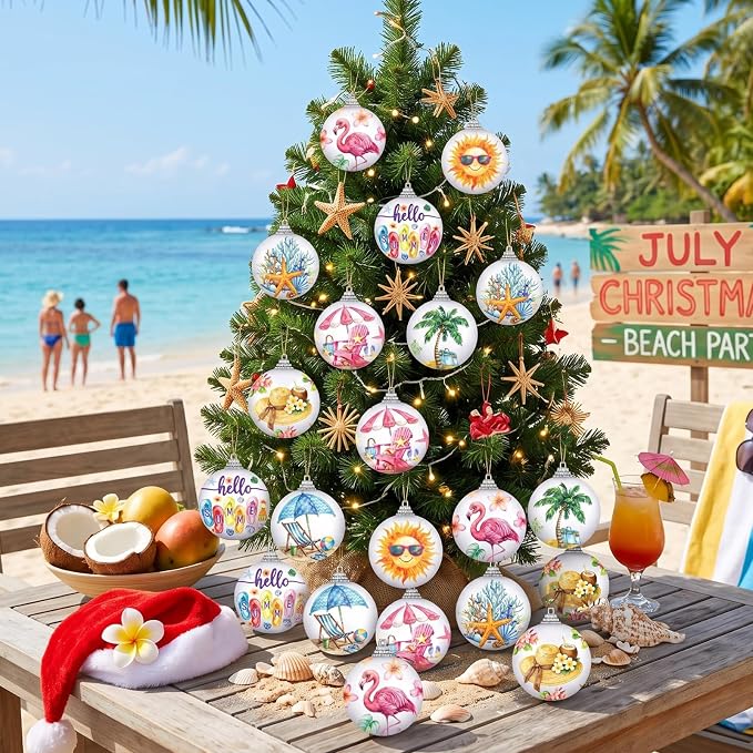 Outus 16 Pcs Summer Tree Ornaments Mini Summer Christmas Decorations for Tree Beach Flamingo Hanging Ornaments Tropical Party Decor for Farmhouse Home Fireplace Luau Holiday Decorative Supplies