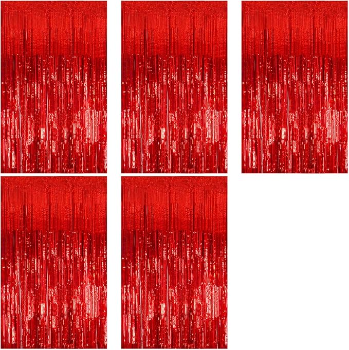 5 Pack Foil Curtain Backdrop Red Metallic Tinsel Foil Fringe Curtains Photo Booth Props for Birthday Wedding Engagement Baby Shower Bachelorette Christmas Holiday Celebration Party Decorations