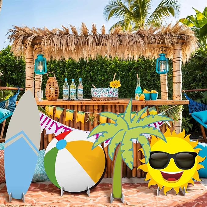4 Pack Summer Beach Party Decoration 31'' Large Surfboard Cardboard Cutout Life Size Pool Photo Booth Prop Coconut Tree Sun Beach Ball Outdoor Sign for Swimming Hawaiian Luau Bar Supplies