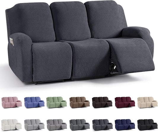 KinCam Recliner Covers, Stretch Reclining Chair Covers, Recliner Sofa Slipcovers Stripe Jacquard Recliner Couch Covers Furniture Protector Covers for Pet Kid (3 Seater, Deep Gray)