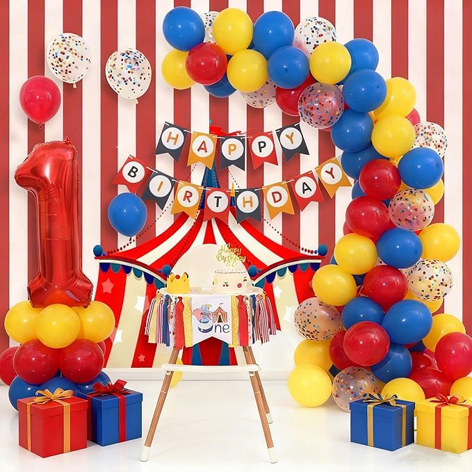 Circus Carnival First 1st Birthday Decorations for Boy Carnival One High Chair Banner with 60PCS Red Yellow Blue Balloons, Cake Topper, Number 1 Balloon, Crown & Banner for One Year Old Boy Party
