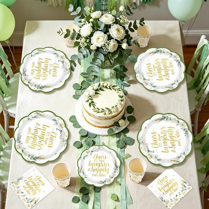 250Pcs Eucalyptus Leaves Bridal Shower Party Supplies Sage Green Cheers to Love Laughter and Happily Ever After Plates and Napkins for Wedding Engagement Party Decorations Serve 50