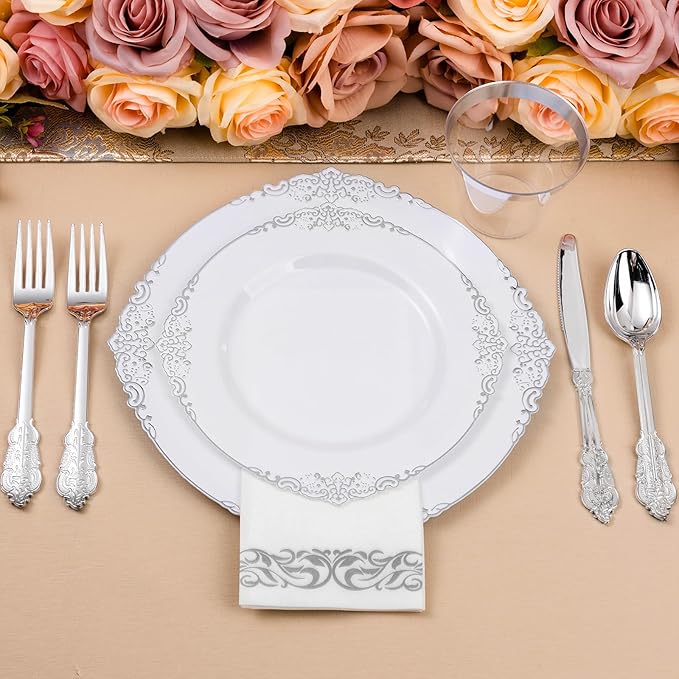 Bestluck 350PCS Silver Plastic Plates for 50 Guests, Disposable Dinnerware Set Includes 100 Disposable Plates, 150 Silver Silverware, 50 Cups, 50 Napkins for Party & Wedding