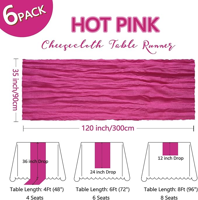 6 Pack Hot Pink Table Runner Cheesecloth 10Ft Spring Gauze Cheese Cloth Table Runner 35x120 Inch Boho Sheer Rustic Fabric for Holiday Party Decor Baby Shower Wedding Decorations